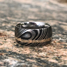 10mm Wide Damascus Steel Ring With 14k White Gold Inlay, USA Made Damascus Wedding Bands