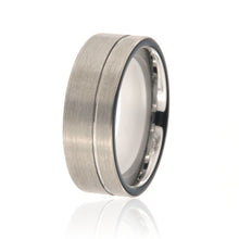 8mm Heavy Tungsten Carbide Men's Grey Ring With Brush Finish And Off Center Groove - FREE Personalization