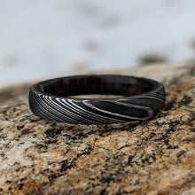 New 4mm Wide Damascus Steel Ring with Arizona Ironwood Sleeve,  Damascus Steel Band