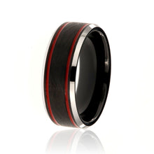 8mm Heavy Tungsten Carbide Men's Ring, Double Red Groove With Black Mixed Brush Finish Center Band - FREE Personalization