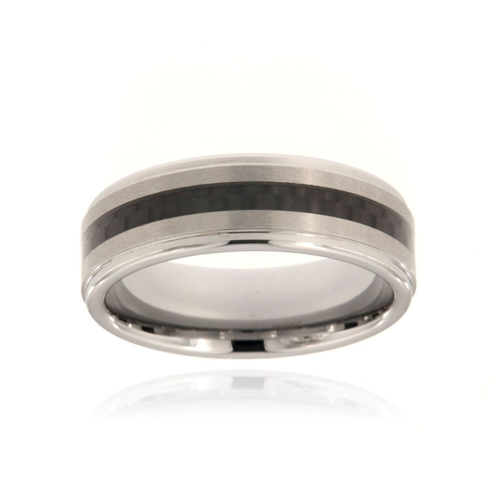 7mm Tungsten Carbide Men's Ring With Black Carbon Fiber Inlay, Brush Finish And High Polish Step Edge - FREE Personalization