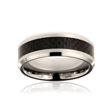 8mm Heavy Tungsten Carbide Men's Ring With Black Carbon Fiber Inlay, High Polish and Beveled Edge - FREE Personalization