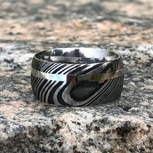 Matching Damascus Rings with 14k White Gold Inlay and Woodgrain Finish, Damascus Rings