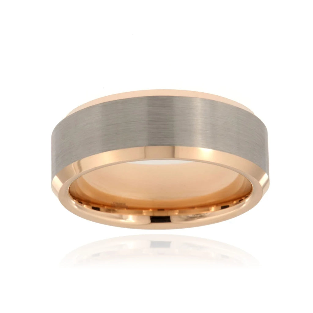 8mm Heavy Tungsten Carbide Men's Two Tone Ring, Grey Brush Band With Rose Gold Beveled Edge - FREE Personalization