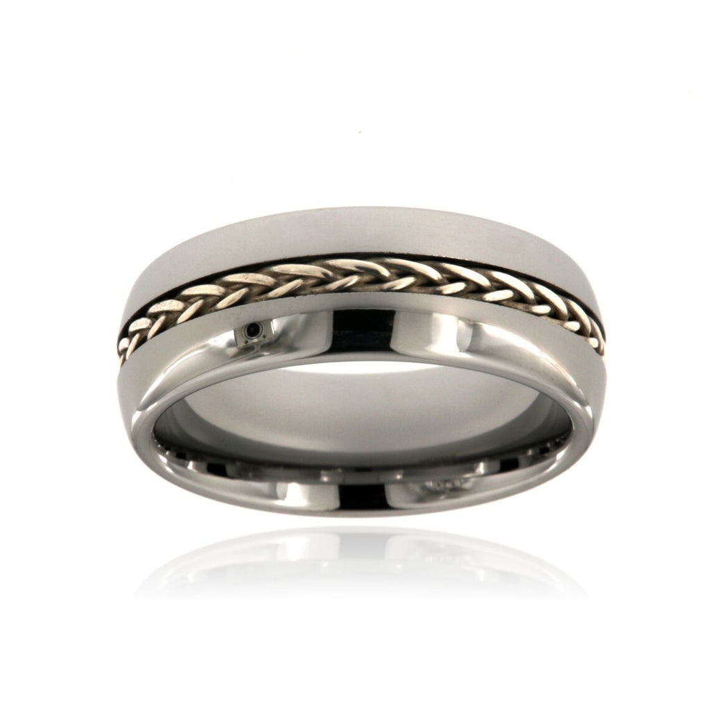 8mm Heavy Tungsten Carbide Men's Ring With High Polish Finish And Sterling Silver Braided Inlay - FREE Personalization