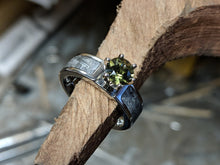 Authentic 6mm Wide Meteorite Engagement Ring with stunning Moldavite Round Center