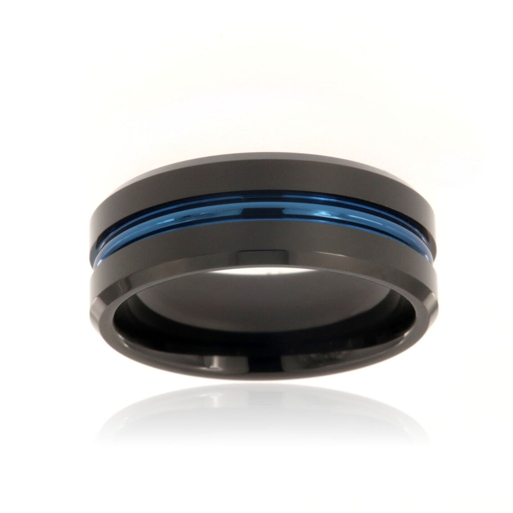 8mm Heavy Tungsten Carbide Ring With Blue Anodized Center Groove - FREE Personalization