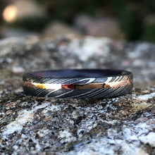 Damascus Steel Wedding Band With Purple Rain Sleeve And 14k Off-Center Rose Gold Inlay,Damascus Steel Ring