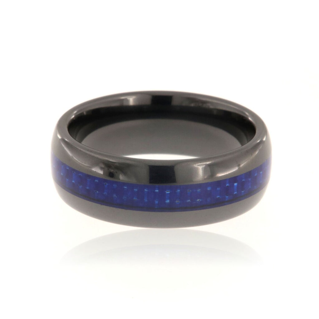 8mm Lightweight Tungsten Carbide Men's Ring With Blue Carbon Fiber Inlay And Polished Finish - FREE Personalization