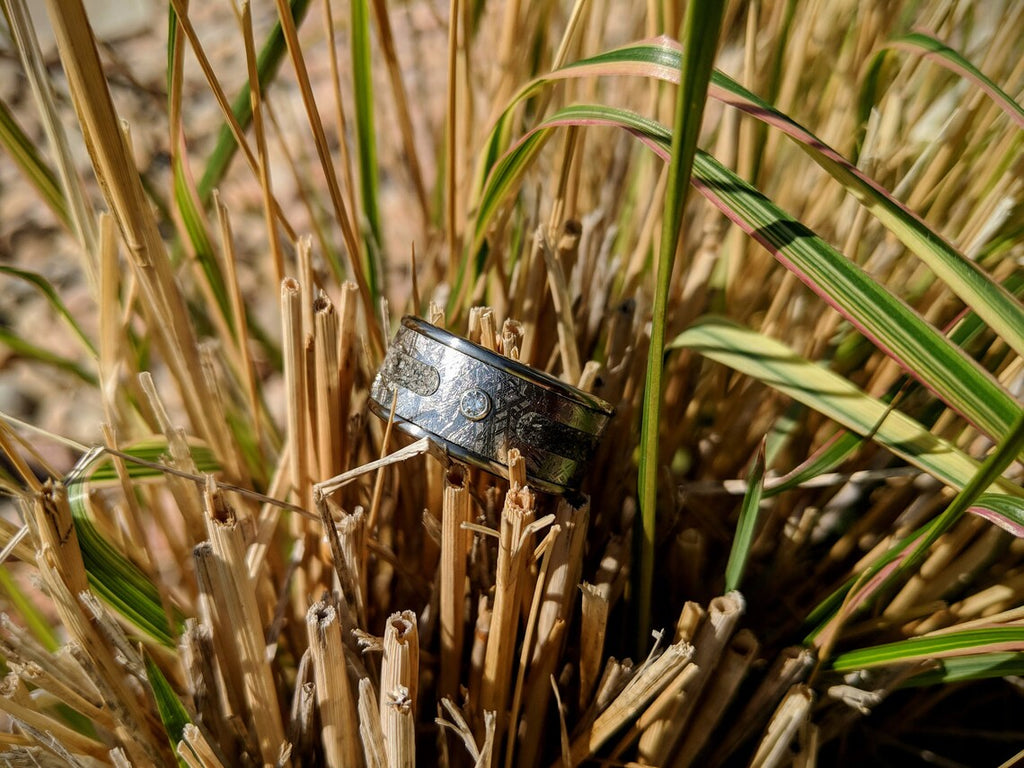 Gibeon Meteorite Titanium Ring,Custom Made Gibeon Meteorite Wedding Band with Inlaid Diamond & Ashes