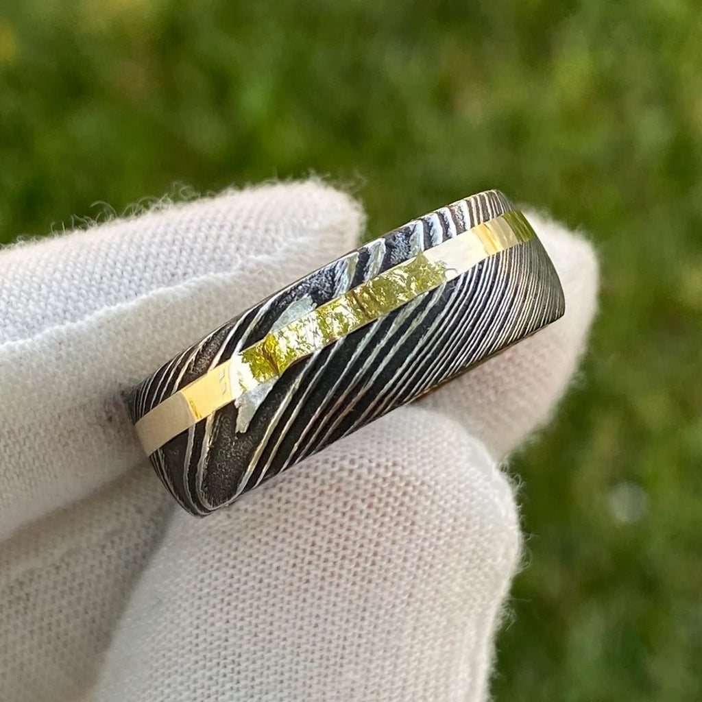 Mens Wedding Band Damascus Steel Ring 14k Yellow Gold Ring Whiskey Barrel Ring Damascus Wedding Ring