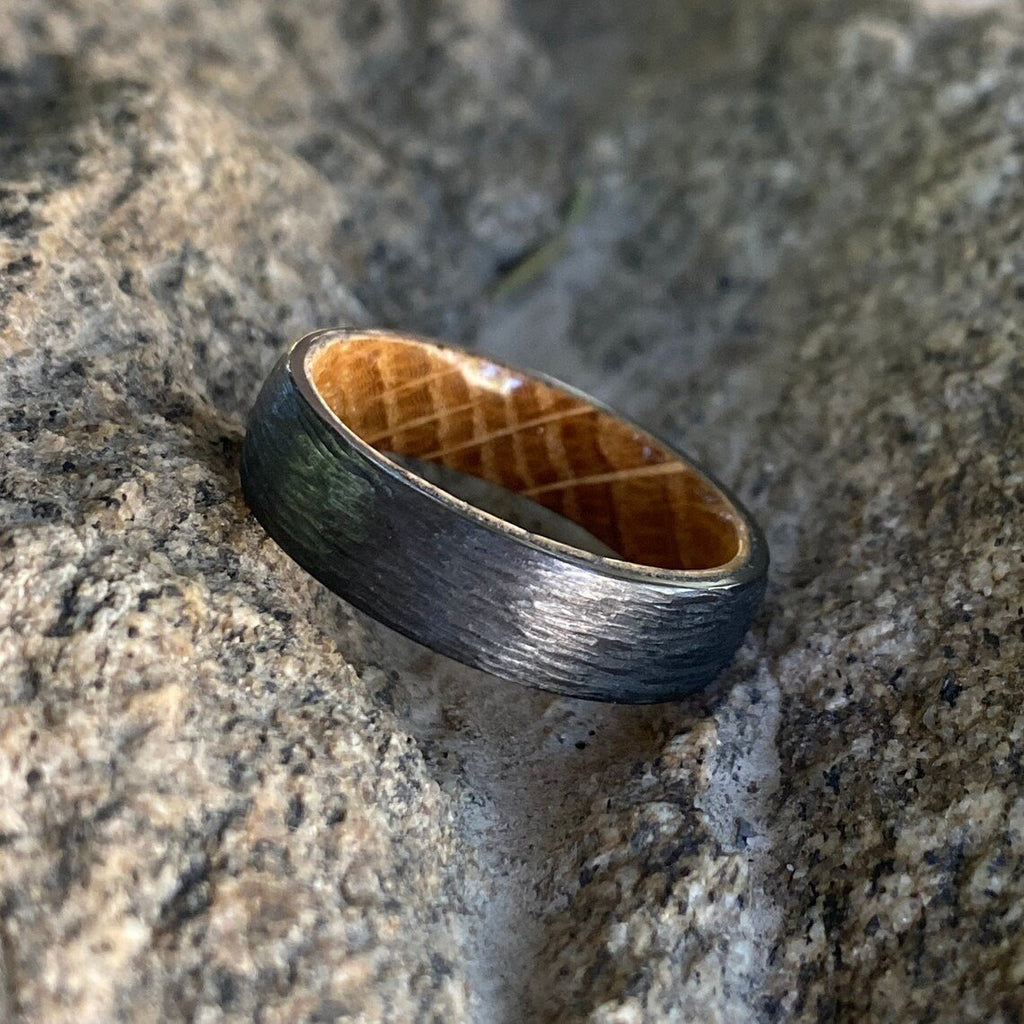 Mens Wedding Bands Whiskey Rings - Handmade Custom Whiskey Barrel Core Black Rings