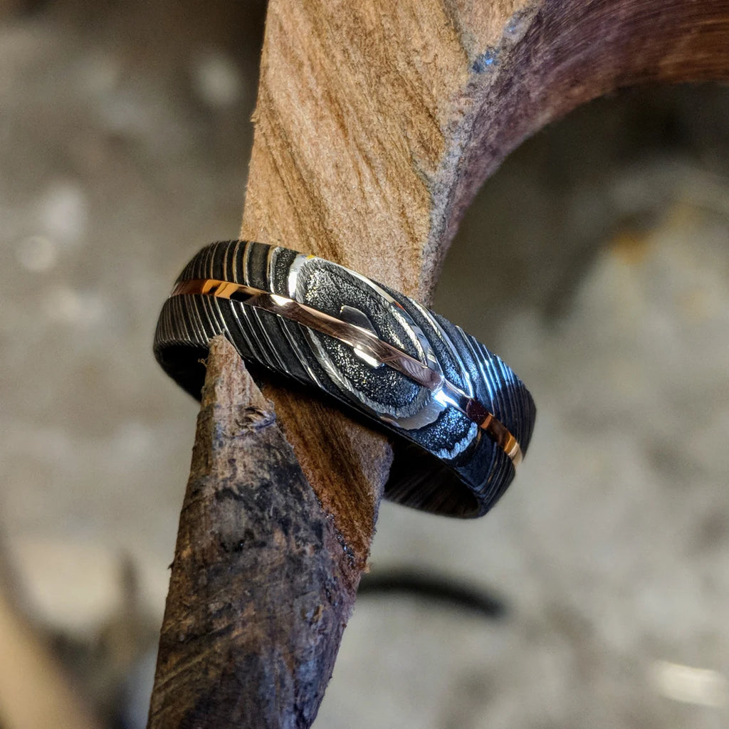 7mm Damascus Steel Ring with 14k Rose Gold Inlay - Men's Wedding Band