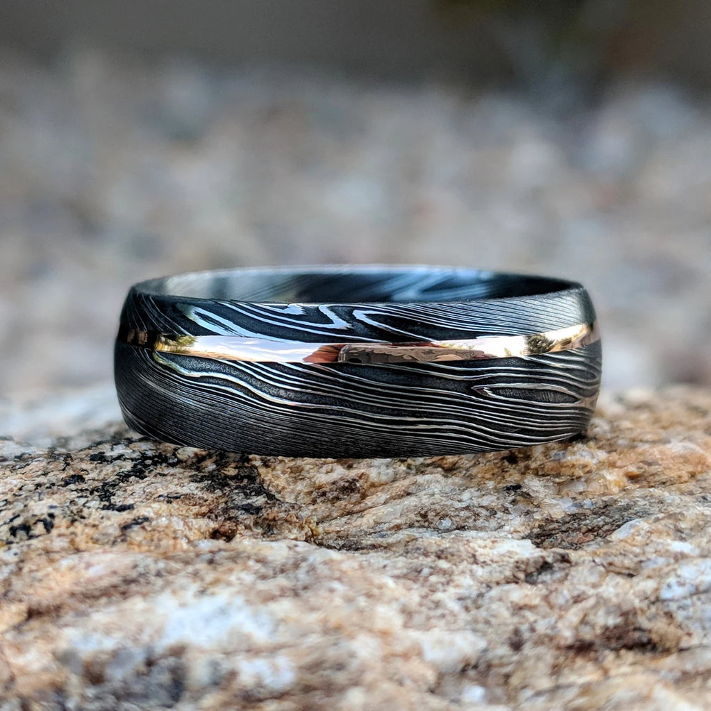 Damascus Steel Wedding Band with 14k Rose Gold Inlay
