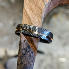 6mm Wide Damascus Steel Ring with 14k Yellow Gold Inlay