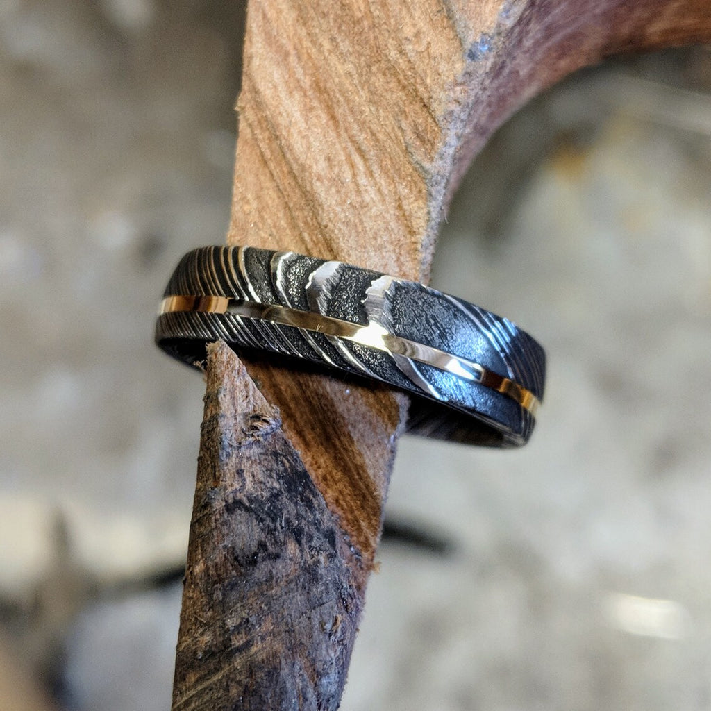 6mm Wide Damascus Steel Ring with 14k Yellow Gold Inlay