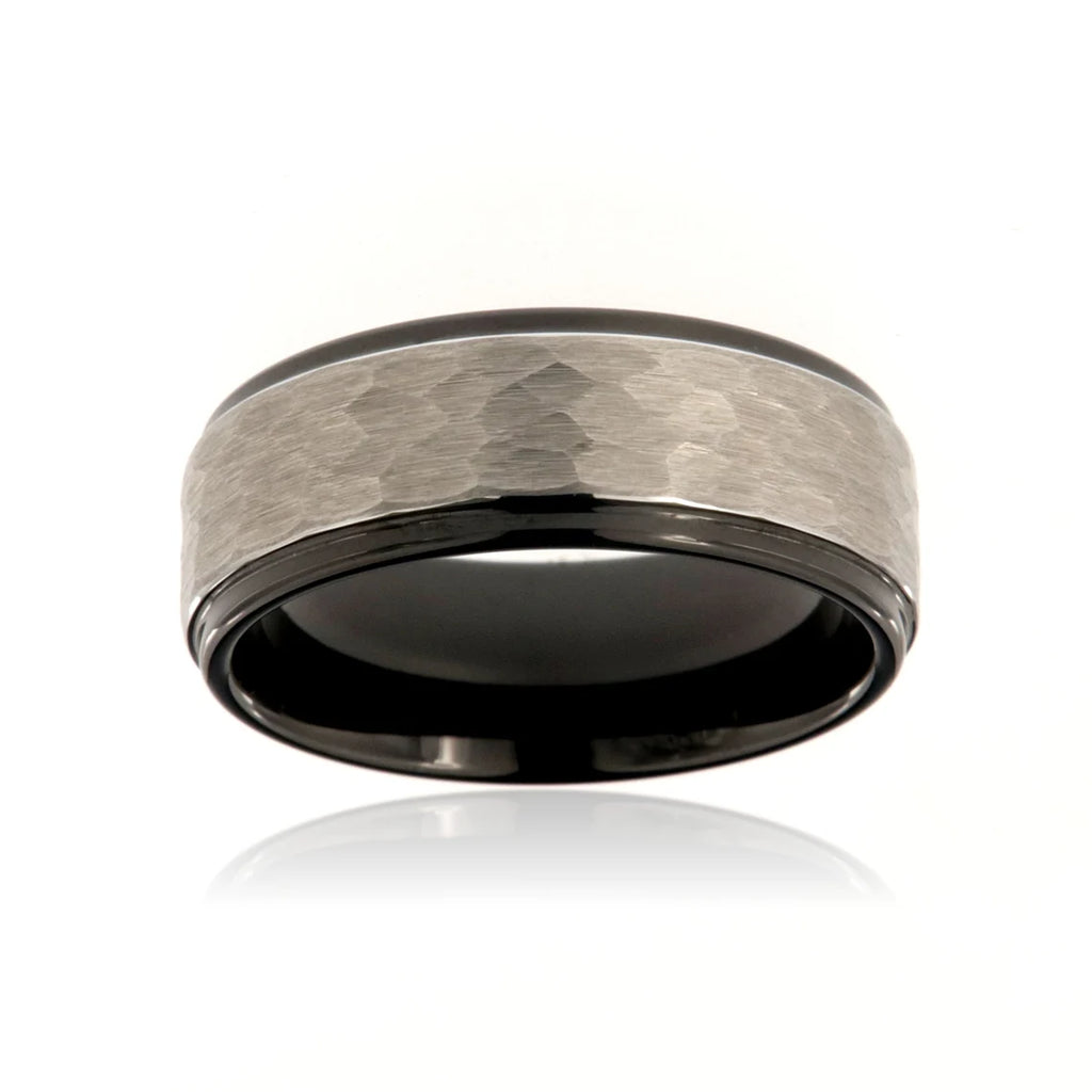 8mm Heavy Tungsten Carbide, Two Tone Men's Ring With Hammered Finish - FREE Personalization
