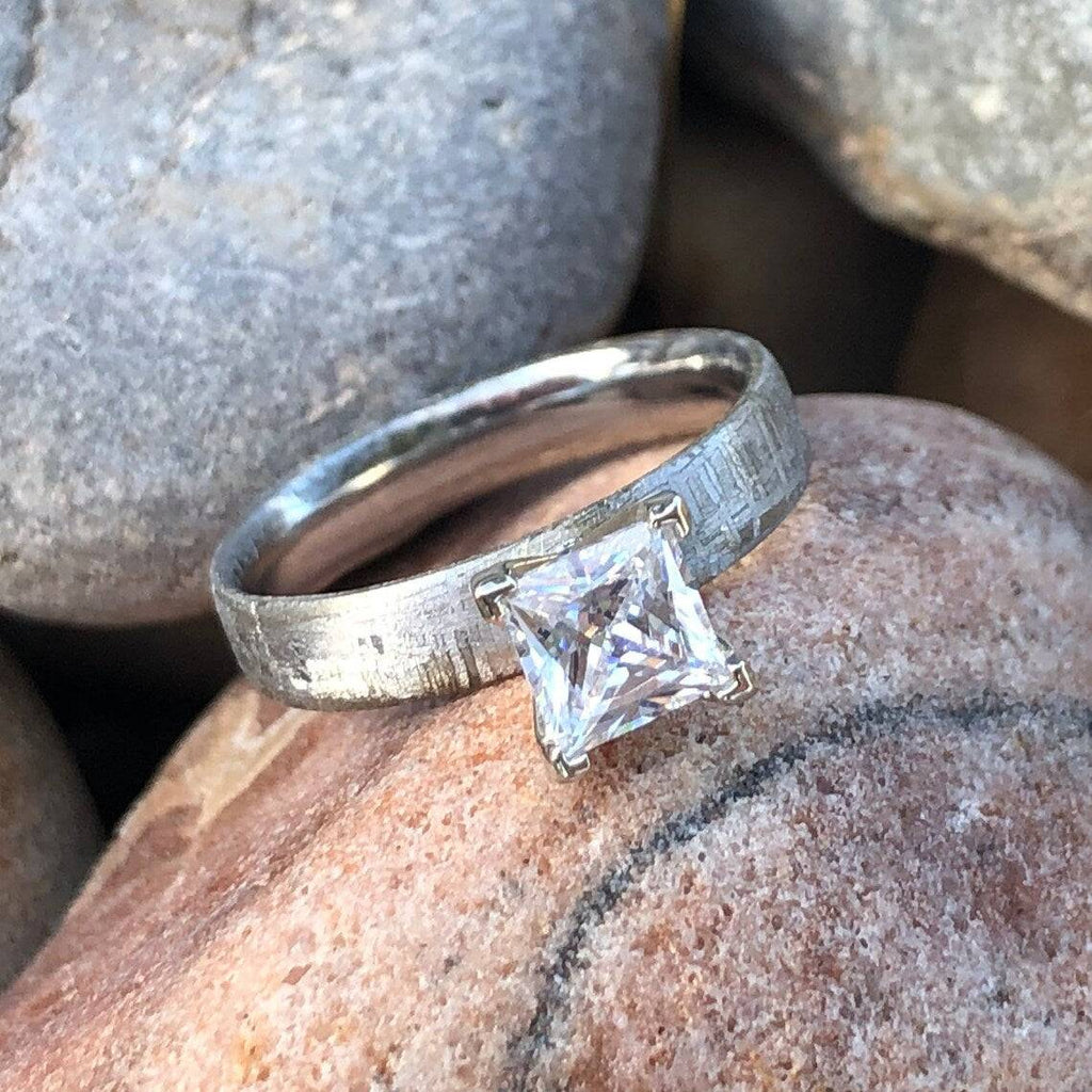 4mm Wide Meteorite Engagement Ring with stunning 1CT Moissanite Princess Center