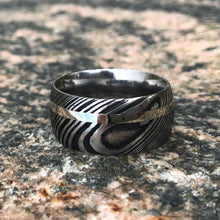 10mm Wide Damascus Steel Ring With 14k White Gold Inlay, USA Made Damascus Wedding Bands