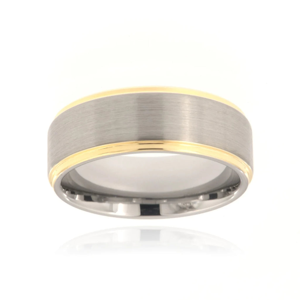8mm Heavy Tungsten Carbide Men's Two Tone Ring, Grey Brush Band With Yellow Gold Step Edge - FREE Personalization