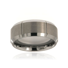 9mm Heavy Tungsten Carbide Men's Grey Ring, Grooved With Brush Finish and High Polish Beveled Edges - FREE Personalization