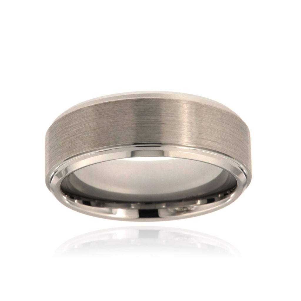 8mm Heavy Tungsten Carbide Ring With Step Edge And Brushed Finish Center - FREE Personalization