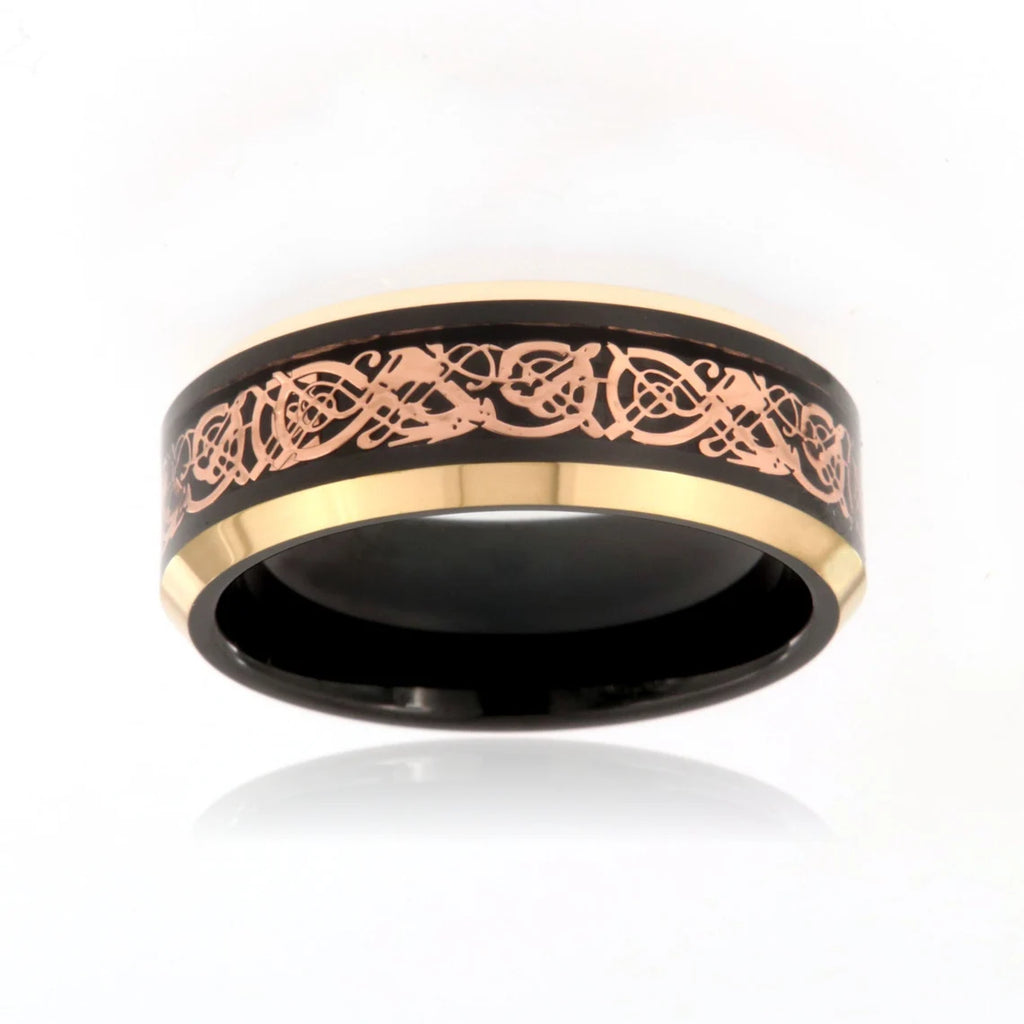 8mm Heavy Rose & Black Tungsten Carbide Men's Ring With Celtic Earth Design And Beveled Edges - FREE Personalization