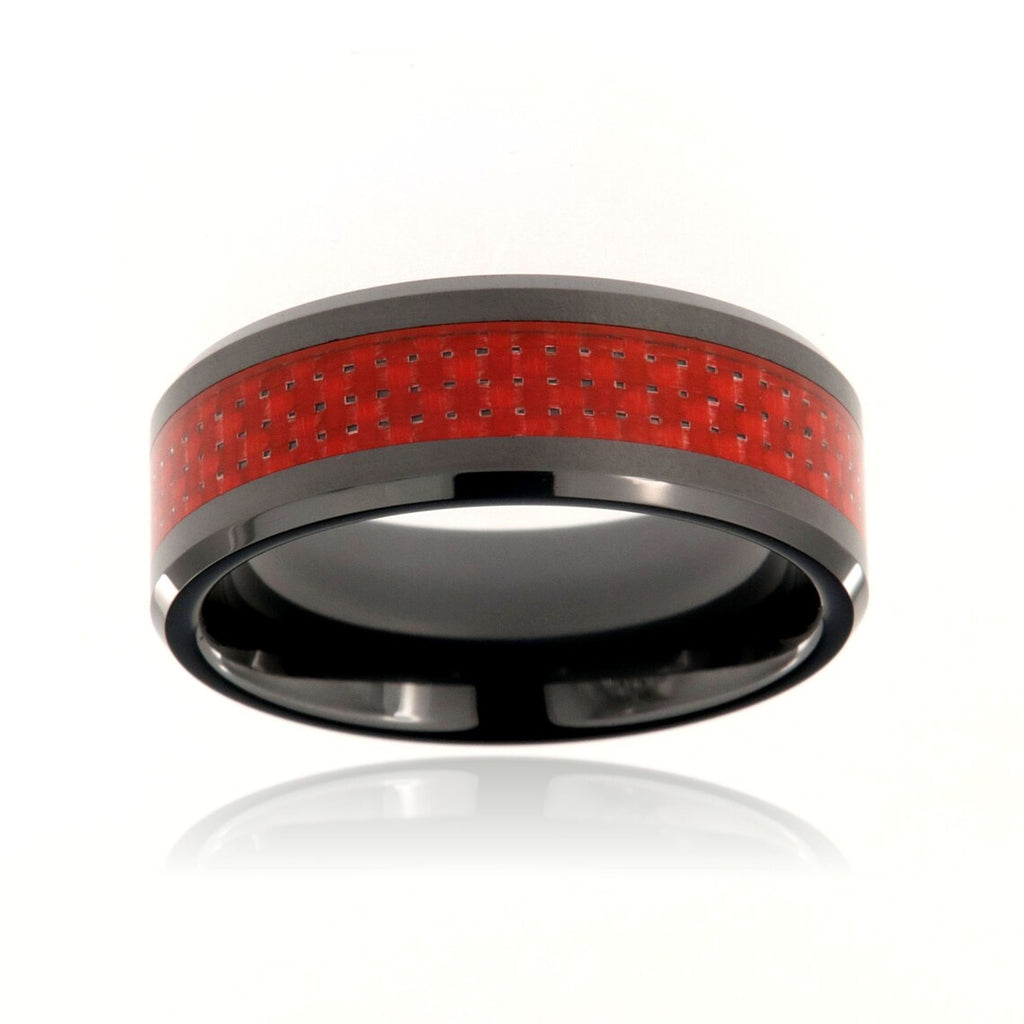 8mm Lightweight Tungsten Carbide Men's Ring With Red Carbon Fiber And Polished Finish