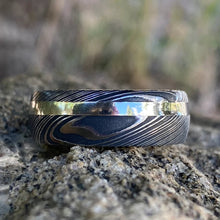 Mens Wedding Band Damascus Steel Ring 14k White Gold Ring Whiskey Barrel Ring Wood Sleeve Ring