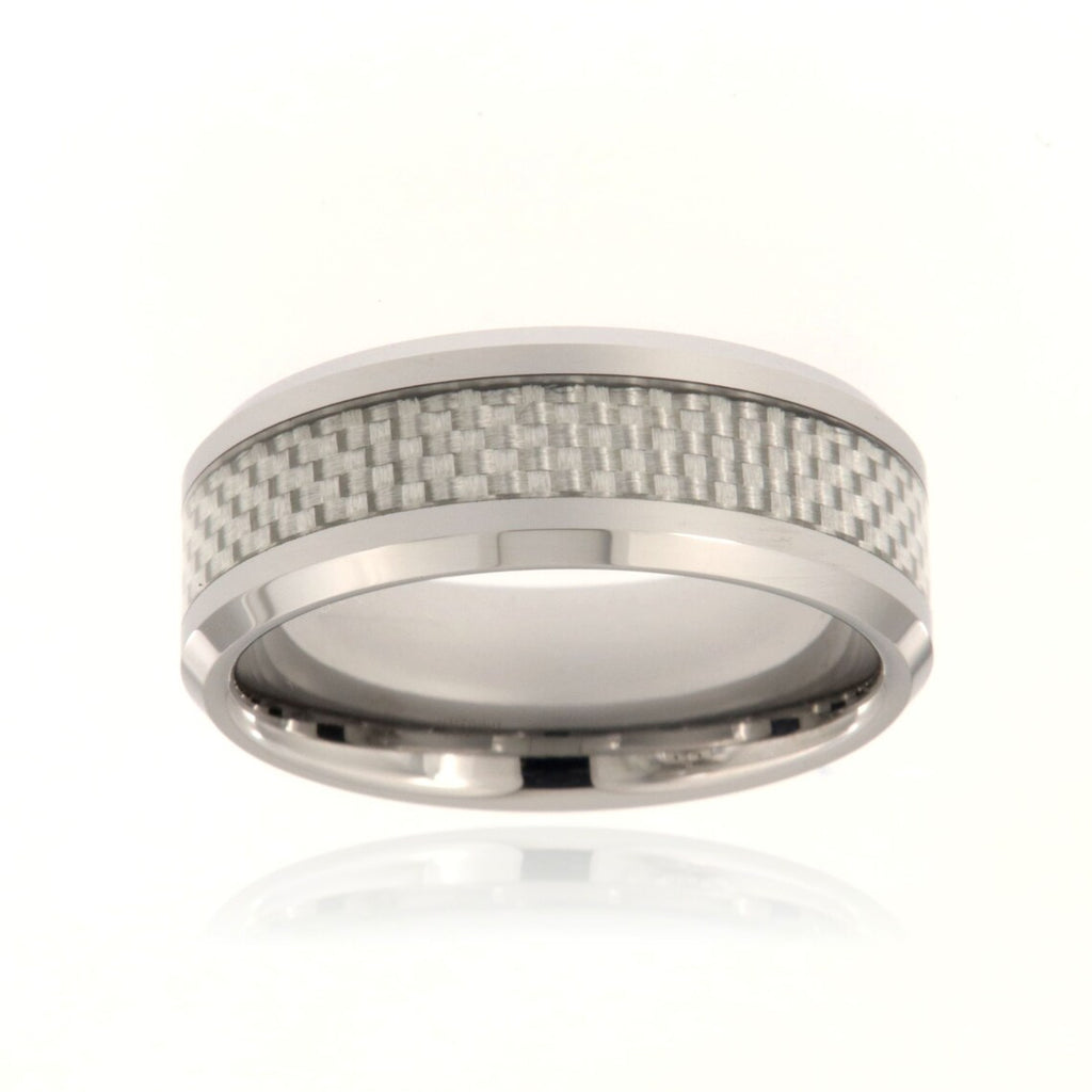 8mm Tungsten Carbide Men's Ring With Carbon Fiber Inlay, Polished Finish and Beveled Edge - FREE Personalization