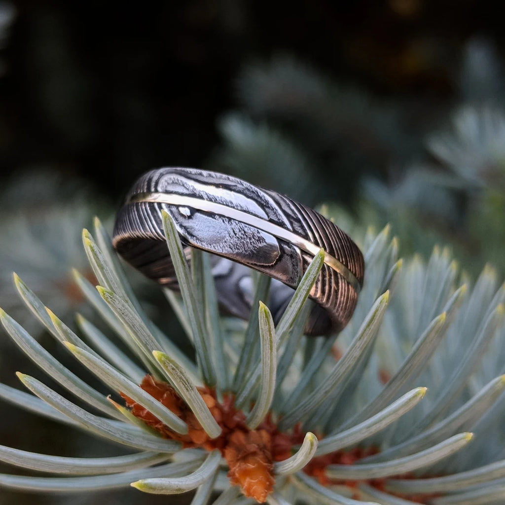 7mm Wide Damascus Steel Ring with 14k Solid White Gold Inlay