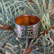 12mm Wide Personalized Duck Band With Whiskey Barrel Sleeve - USA Made Custom Wedding Bands & Rings