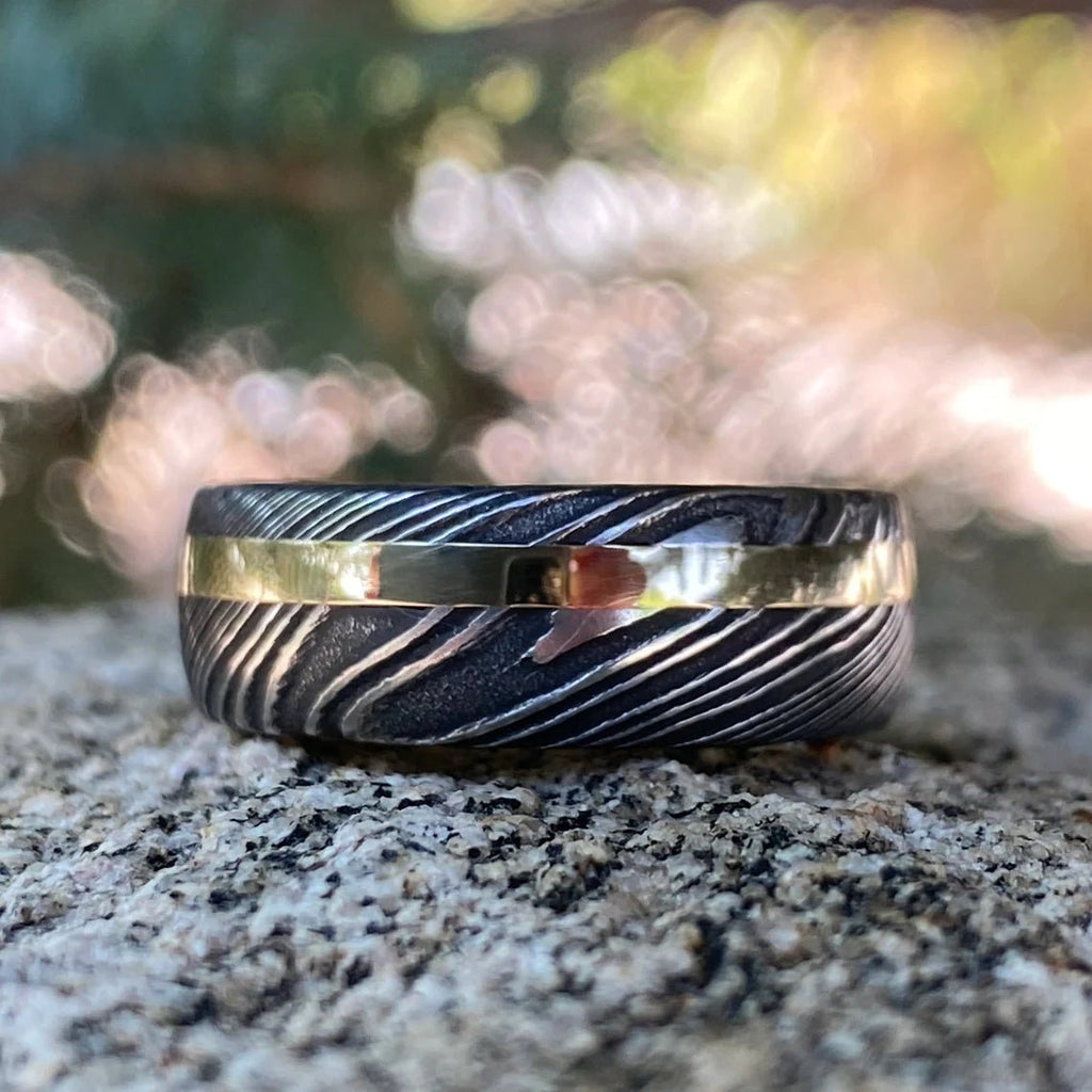 Mens Wedding Band Damascus Steel Ring 14k Yellow Gold Ring Whiskey Barrel Ring Damascus Wedding Ring