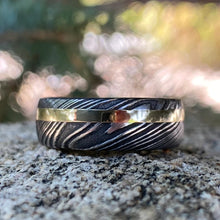 Mens Wedding Band Damascus Steel Ring 14k Yellow Gold Ring Whiskey Barrel Ring Damascus Wedding Ring