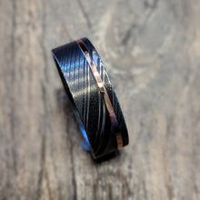 New 8mm Wide Damascus Steel Ring with 14k Solid Rose Gold Inlay, 8mm Damascus Wedding Band