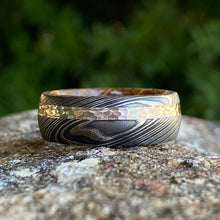 Damascus Steel Ring with 14K White Gold inlay and Whiskey Barrel Sleeve