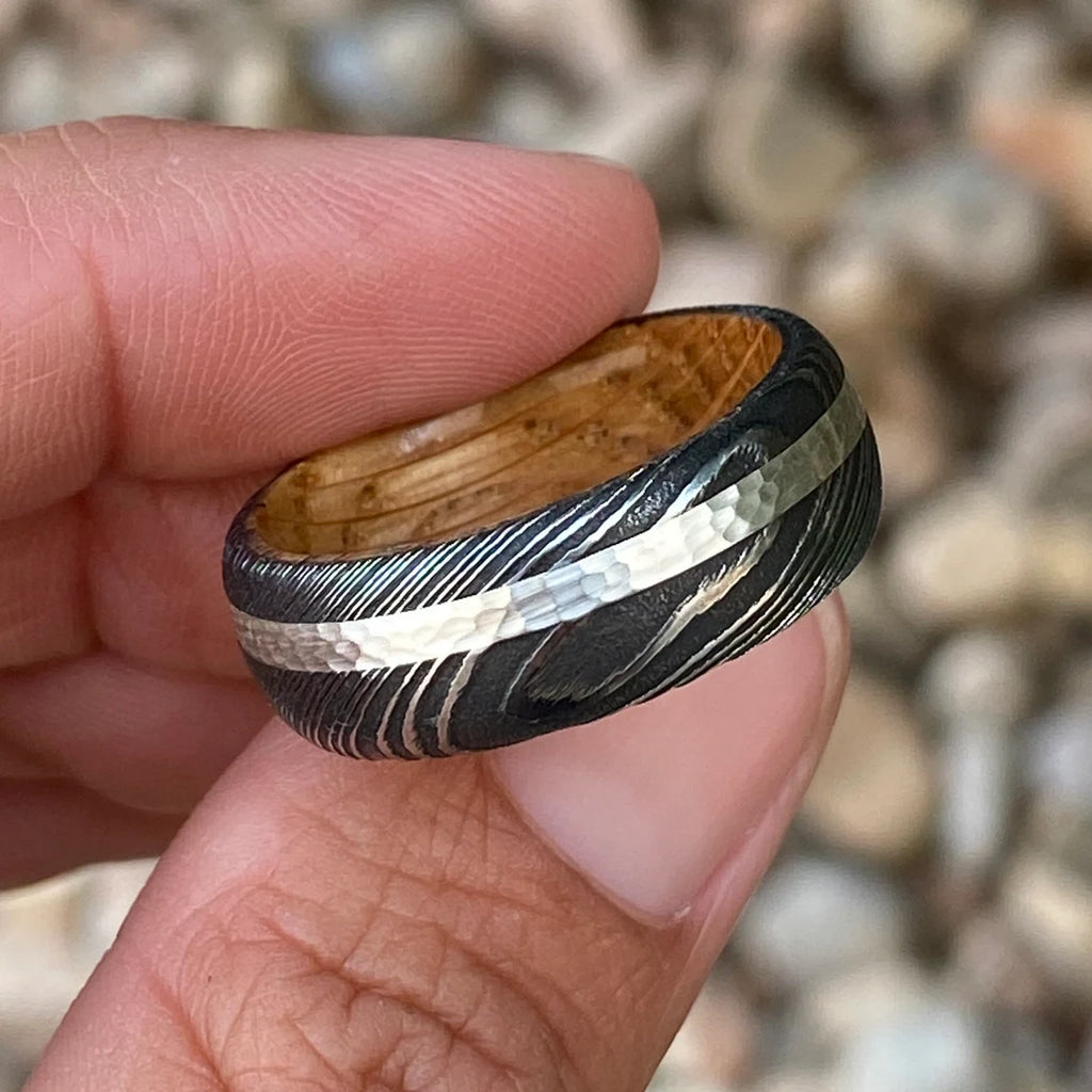 Mens Wedding Band Damascus Steel Ring Sterling Silver Inlay With Whiskey Barrel Sleeve Custom Wedding Rings