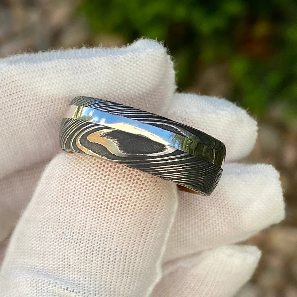 Mens Wedding Band Damascus Steel Ring 14k White Gold Ring Whiskey Barrel Ring Wood Sleeve Ring