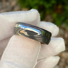 Mens Wedding Band Damascus Steel Ring 14k White Gold Ring Whiskey Barrel Ring Wood Sleeve Ring