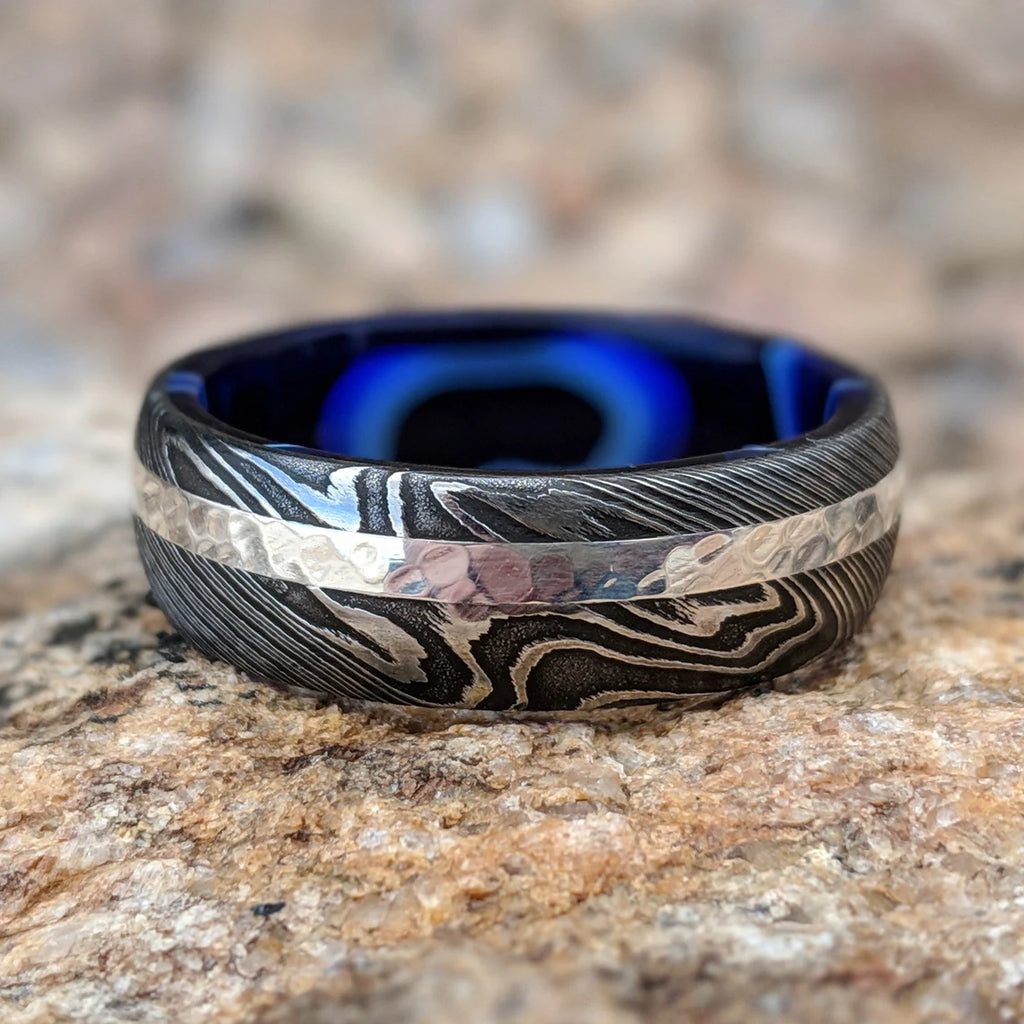 14k White Gold Damascus Wedding Band With Inside Sapphire Blue Ocean Sleeve