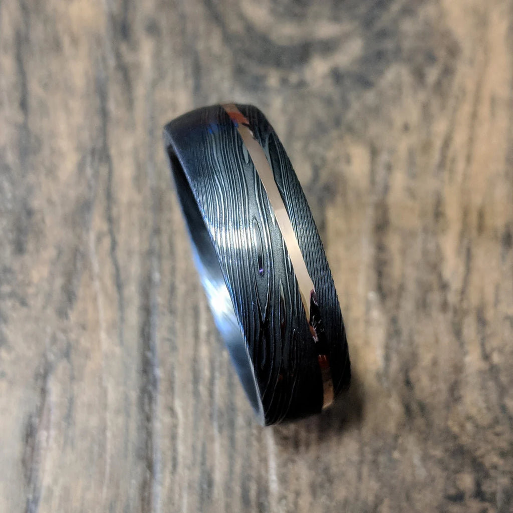 Authentic Damascus Steel Wedding Ring With 14k Rose Gold Inlay
