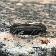 Matching Damascus Rings with 14k White Gold Inlay and Woodgrain Finish, Damascus Rings