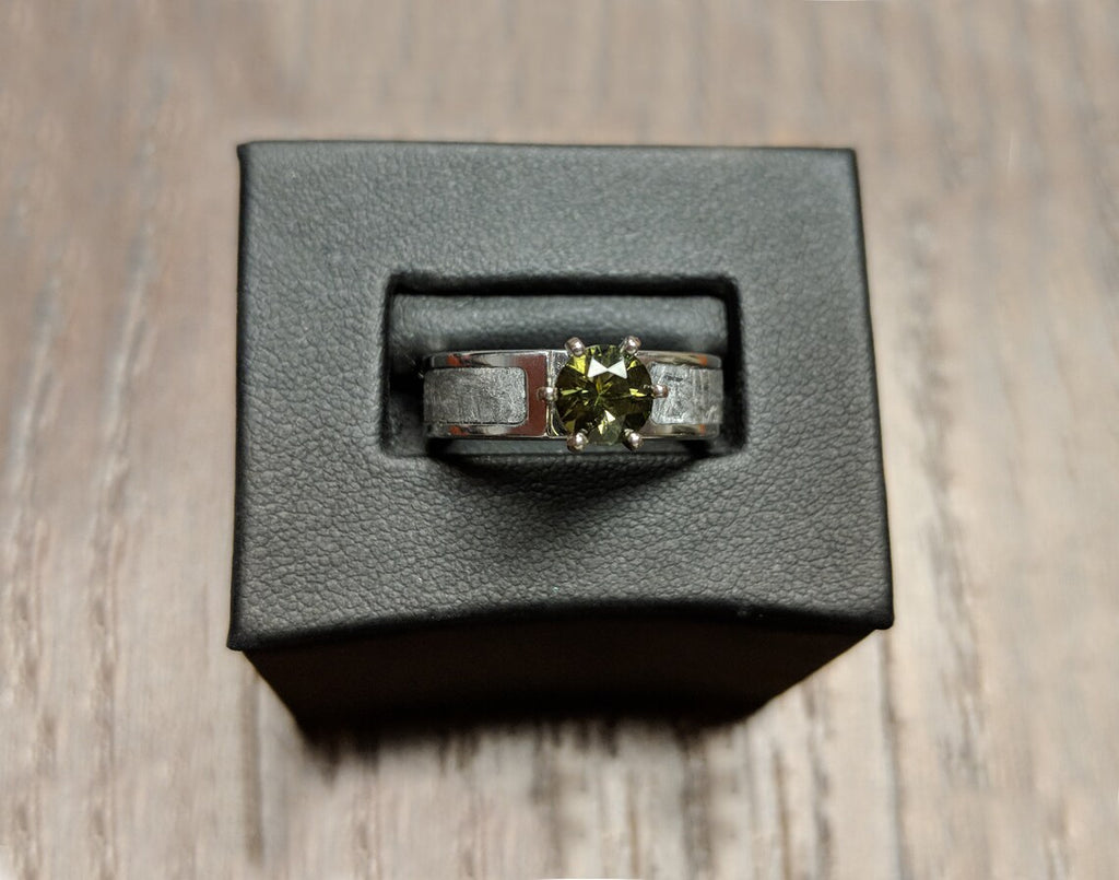 Authentic 6mm Wide Meteorite Engagement Ring with stunning Moldavite Round Center
