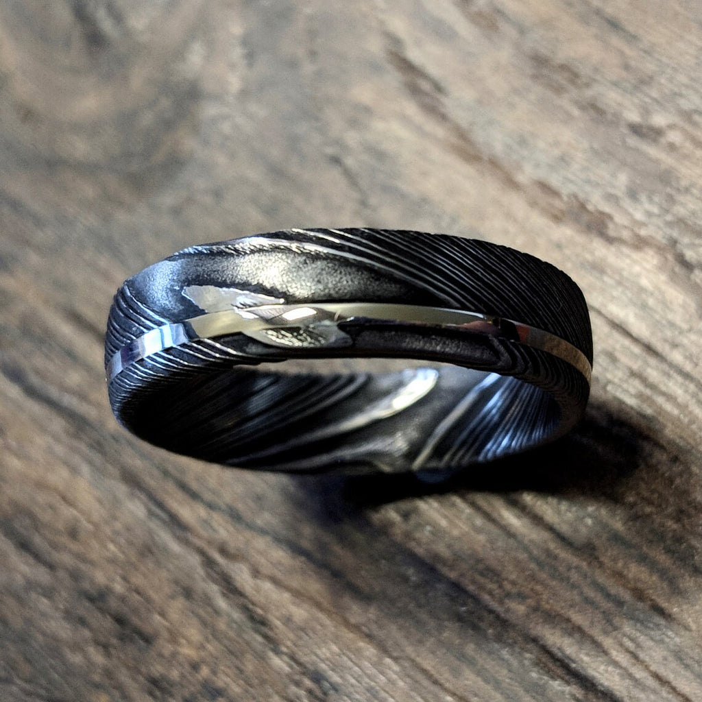 Damascus Steel Mens Wedding Band with 14k Solid White Gold Inlay