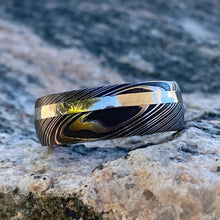Mens Wedding Band Damascus Steel Ring 14k White Gold Ring Whiskey Barrel Ring Wood Sleeve Ring