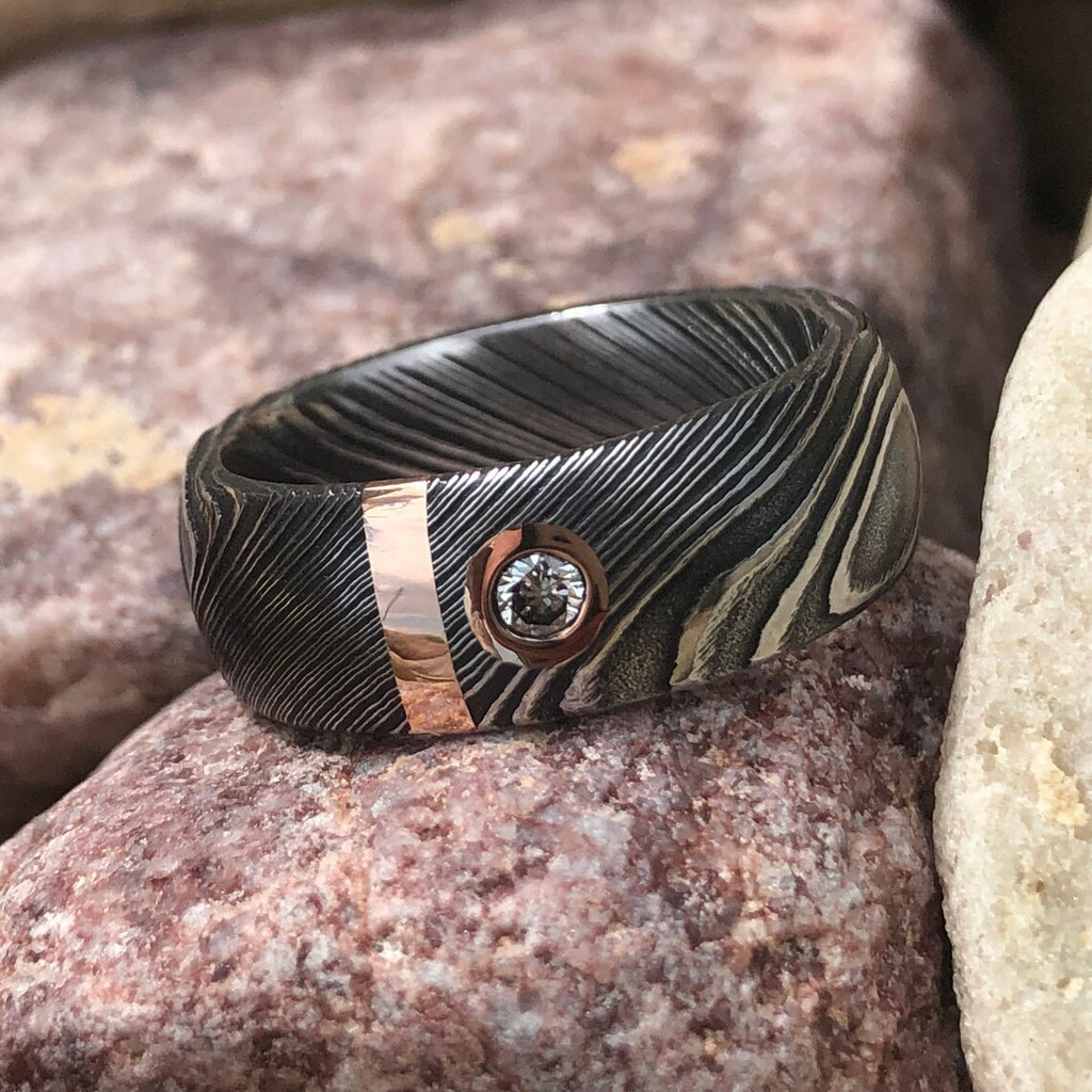 8mm Wide Damascus Steel Band with 14k Solid Rose Gold Inlay And Genuine Diamond