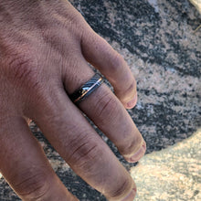 14k Gold Blue Ocean Sleeve Damascus Steel Ring, Mens Wedding Band Damascus Steel Ring