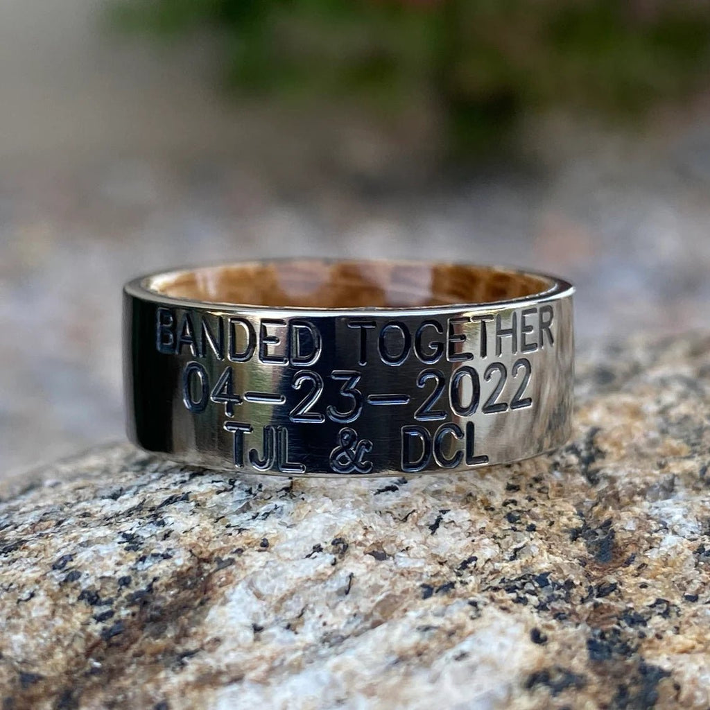Personalized Duck Band With Whiskey Barrel Sleeve - USA Made Custom Wedding Bands & Rings