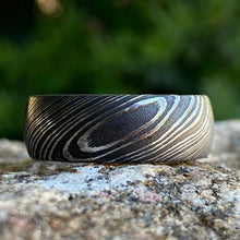 8mm Wide Damascus Steel Ring with a Whiskey Barrel Sleeve Handmade Wedding Band