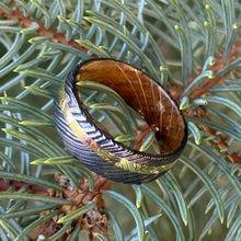 Mens Wedding Band Damascus Steel Ring 14k Yellow Gold Ring Whiskey Barrel Ring Damascus Wedding Ring